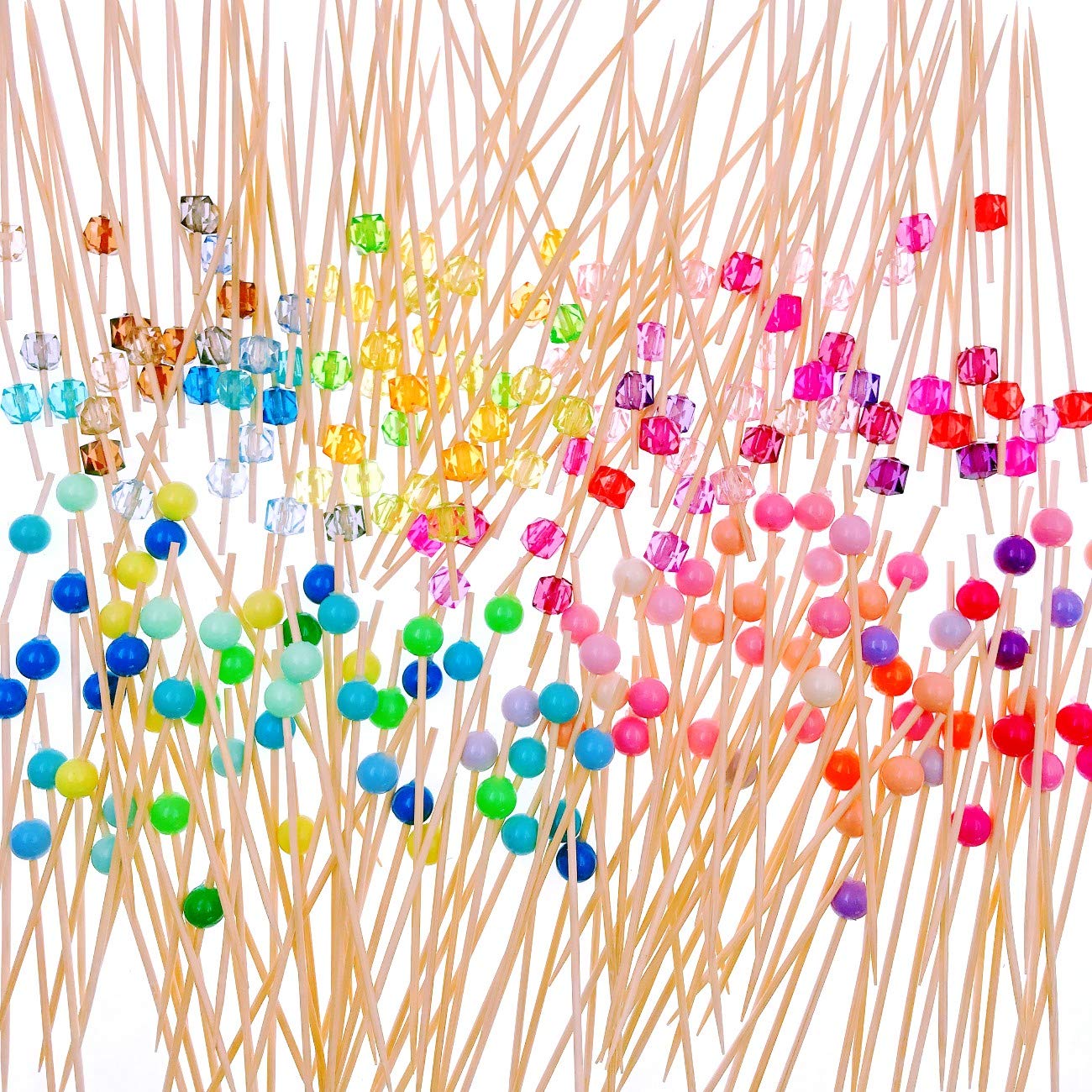 200 Bamboo Wooden Cocktail Stick with Colourful Acrylic Bead 12cm Long Toothpick Party Nibbles Tapas