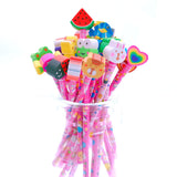 24 x Pink wooden graphite pencils set with cartoon rubber erasers kids children party favours give