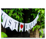 Just married bunting banner flags with ribbon, decoration wedding feast or photo booth photography