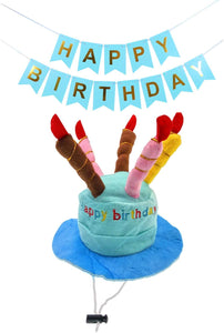 JZK Cake candle shaped blue velvet birthday hat cap toy and blue HAPPY BIRTHDAY banner for boy dog cat, pet dog cat birthday party decorations accessories