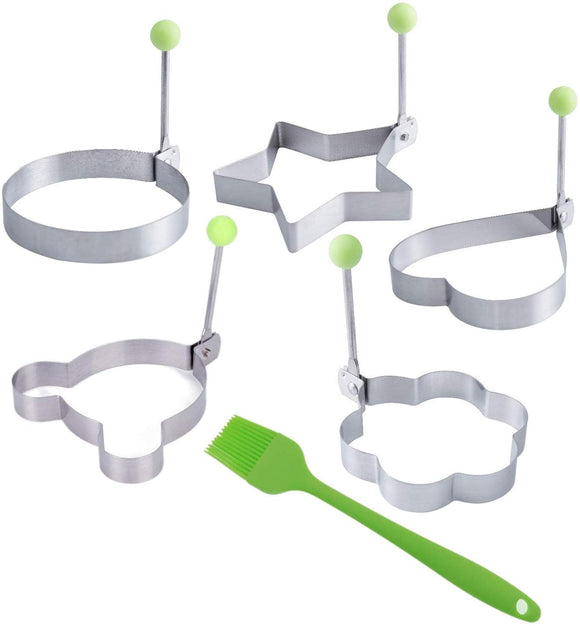 JZK 5 X Fried Egg Moulds for Frying pan + Silicone Brush, Mini Pancake Maker Molds Shaper Tool, Stainless Steel Egg Ring molds with Handle