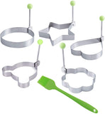 JZK 5 X Fried Egg Moulds for Frying pan + Silicone Brush, Mini Pancake Maker Molds Shaper Tool, Stainless Steel Egg Ring molds with Handle