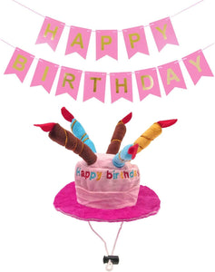 JZK Kuchenkerzenförmiges rosa Samt-Geburtstagshut-Kappenspielzeug und rosa HAPPY BIRTHDAY-Banner für Mädchen, Hund, Katze, Haustier, Hund, Katze, Geburtstagsfeier, Dekorationen, Zubehör