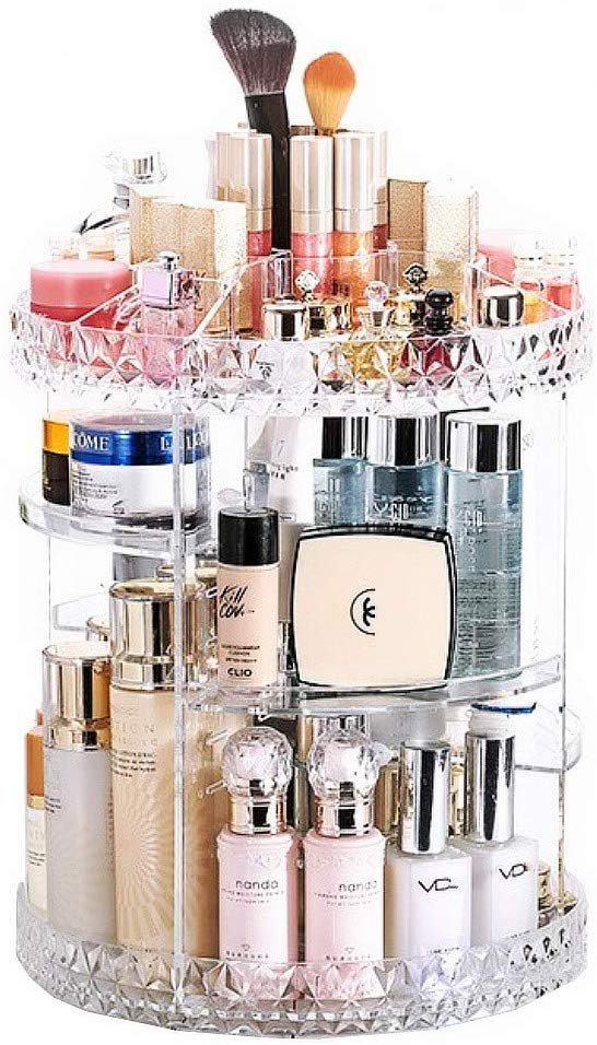JZK Clear acrylic rotating makeup organiser shelves adjustable cosmetics organiser tray, make up organizer storage box, nail polishes stand holder display