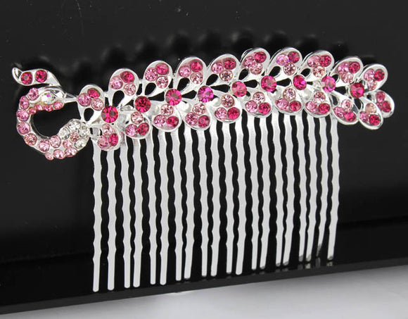 Pink peacock hair comb swarovski crystal rhinestone