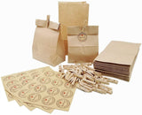 50x Sac en papier kraft marron 21,5x12x7cm + 50x Pinces en bois + 50x Autocollants "Merci"