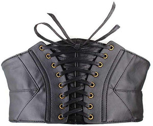 JZK Schwarzer Kunstleder-Korsettgürtel für Damen im Alltag und Kostüm, breiter Schnür-Cinch-Gürtel, elastischer Taillengürtel für Steampunk-Kostüme