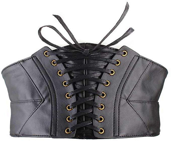 JZK Schwarzer Kunstleder-Korsettgürtel für Damen im Alltag und Kostüm, breiter Schnür-Cinch-Gürtel, elastischer Taillengürtel für Steampunk-Kostüme