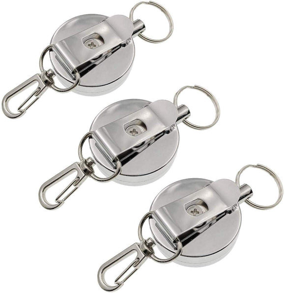JZK 3 x Retractable Keyring Key Ring with Belt Clip and Steel Reel Chain, Retractable Badge Reel Clip, Badge Holder Clip, Door Key Card Holder Clip