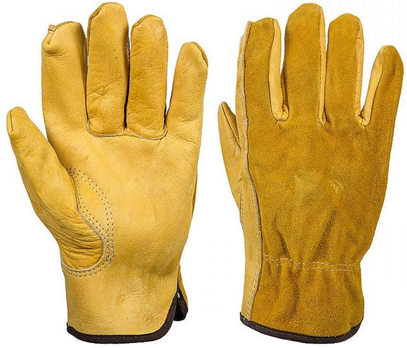 JZK Gants de Jardinage Extra Larges résistants aux épines pour Hommes, Gants de Travail en Cuir Jaune, Gants de Jardin à Doigt Complet, XL