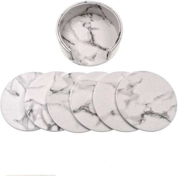 JZK 6 x White Marble Effect Leather Coasters for Drinks with Holder, 9.7cm 3.8 inch Round Cup mats Coaster Set for Cups Glass Mugs