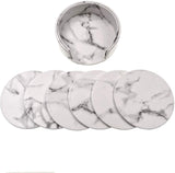JZK 6 x White Marble Effect Leather Coasters for Drinks with Holder, 9.7cm 3.8 inch Round Cup mats Coaster Set for Cups Glass Mugs