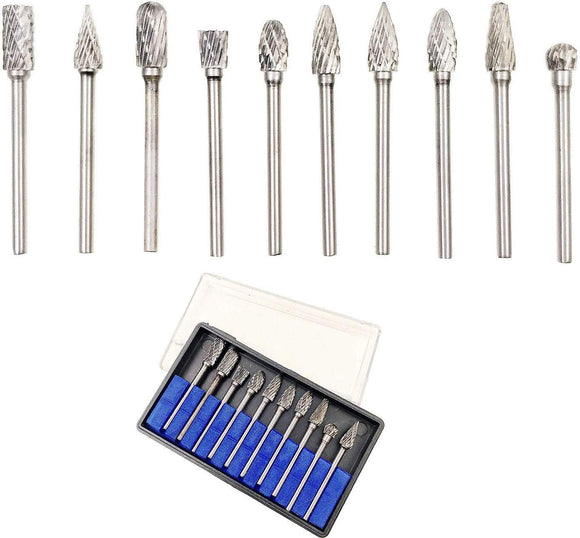 JZK Set of 10 PCS 3mm Tungsten Carbide Double Cut Rotary Burr Cutter Set Carving Tool Drill bits for dremel for Drilling Metal and Wood Engraving