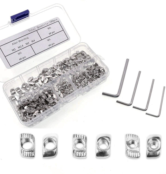 JZK 180 PCS Écrous à fente en T M3 M4 M5 Écrous à fente en T en acier au carbone avec 4 clés Allen, kit d'écrous de fixation à tête de marteau d'extrusion 2020 pour imprimante 3D