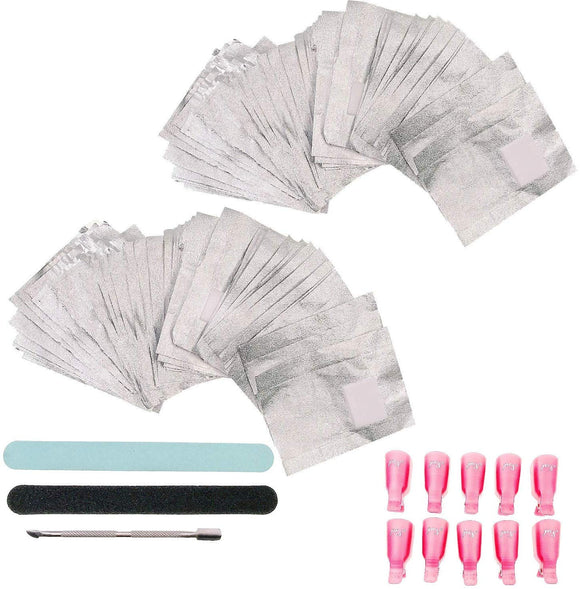 JZK 200 x Feuilles d'enveloppement d'ongles en gel avec tampons de coton pour enlever le vernis à ongles normal/gel, pinces à ongles, lime à ongles et polissoir, poussoir à cuticules, ensemble d'outils de dissolvant de vernis à ongles en gel