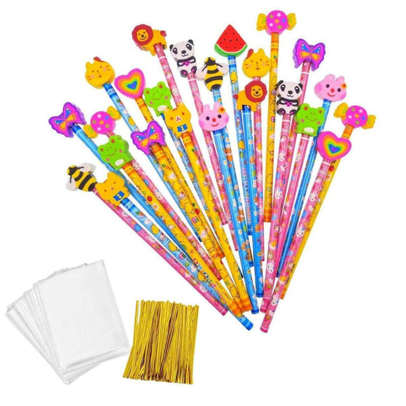 24 Holz-Graphitstifte + Cartoon-Radiergummi für Kinder, Mitgebsel, Geburtstag, Weihnachten
