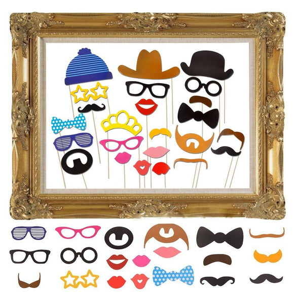 25 x Party photo booth props with large frame Mustache Bow Lips Hat